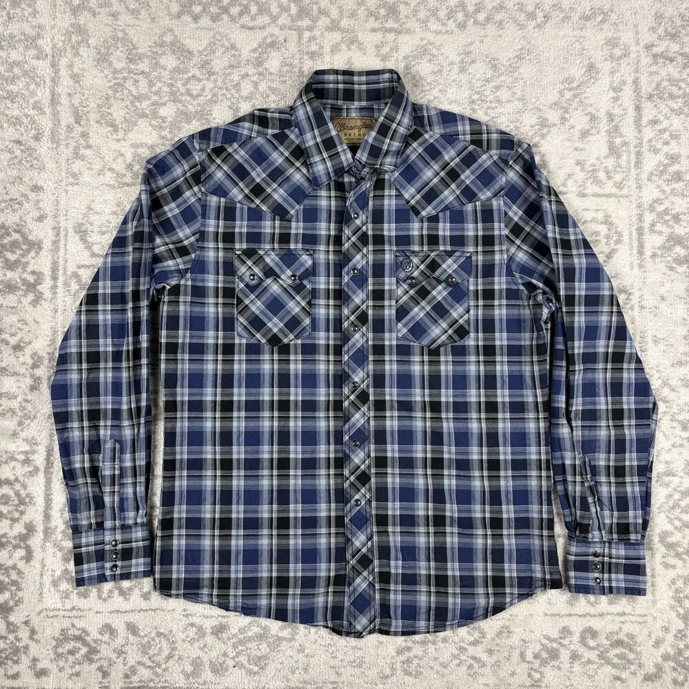Wrangler Retro Shirt Western Wear Men’s Pearl Snap Long Sleeve Blue Size Large